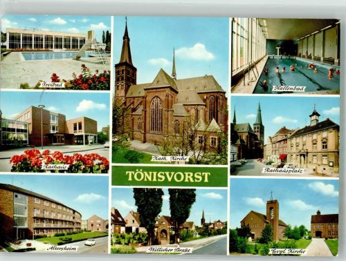 47918 W4154 Tönisvorst Foto AK Freibad Rathaus Altersheim Kath. Kirche Willicher Straße Schwimmbad Rathausplatz Ev. Kirche