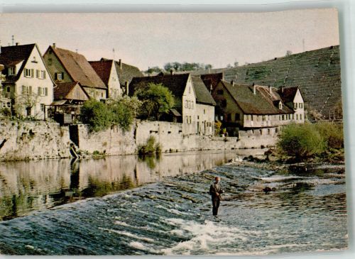 74354 W7122 Besigheim Foto AK Angler im Neckar vor Altstadtbebauung Fotograf Holder