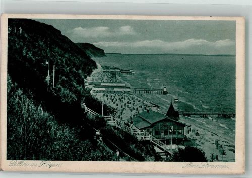 18586 O2356 Sellin , Ostseebad 1921 - Strand unterhalb der Steilküste mit Seebrücken