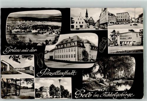 95100 W8672 Selb Foto AK Panorama des Ortes Schwimmbad Kirchplatz Porzellanfachschule Fotograf Löwenhag