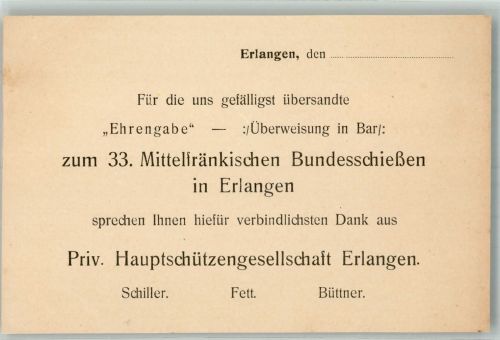 91052 W8520 Erlangen - Danksagung Ehrengabe zum 33. Mittelfränkischen Bundesschießen