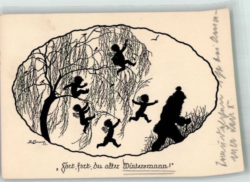 Scherenschnitt Elfen vertreiben den Wintersmann Frank, E. 1939 Künstlerkarte