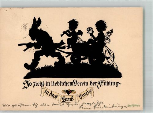 Scherenschnitt Osterhase zeiht auf Karre zwei Elfen Plischke, G. 1934 Künstlerkarte