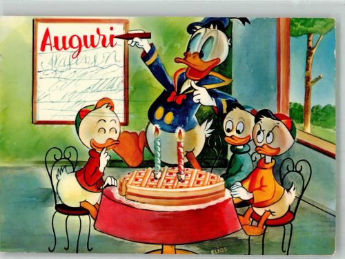 sign. Elios Donald Duck mit Tick Trick und Track Walt Disney Künstlerkarte