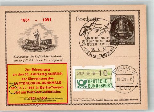 W1000 Tempelhof Erinnerung an den 30. Jahrestages der Einweihung des Luftbrückendenkmals Ganzsache 1981 Sonderstempel
