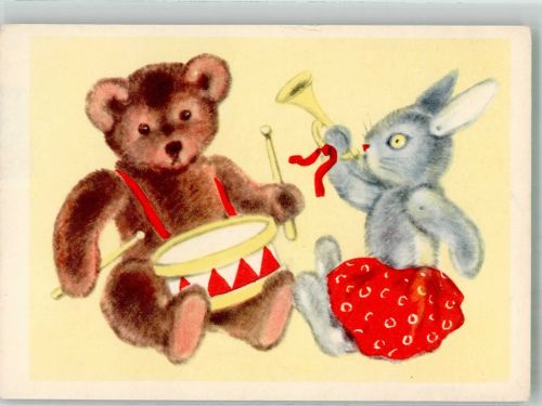 sign. Ushakova Musizierender Teddybär und Hase Tiere vermenschlicht Kunst Russland Künstlerkarte