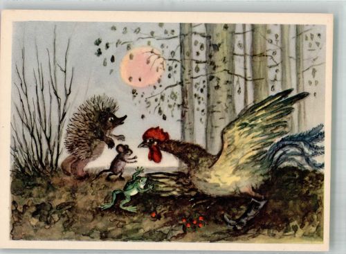 sign. Marshak Maus Frosch Igel und Huhn Kunst Russland Künstlerkarte