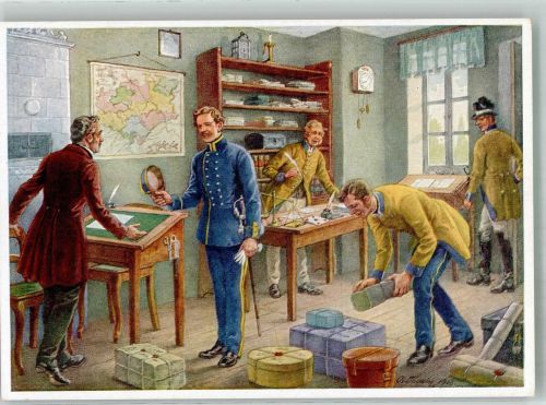 Poststube mit Postbeamten im Jahre 1852 Postamt Künstlerkarte