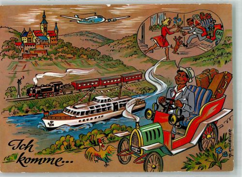 sign. Knabner Mann auf dem Weg zu seiner Liebsten mit Automobil Fahrgastschiff und Eisenbahn Oldtimer Künstlerkarte