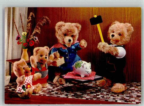 Teddybären der Firma Schuco schlachten Sparschwein Teddy Foto AK