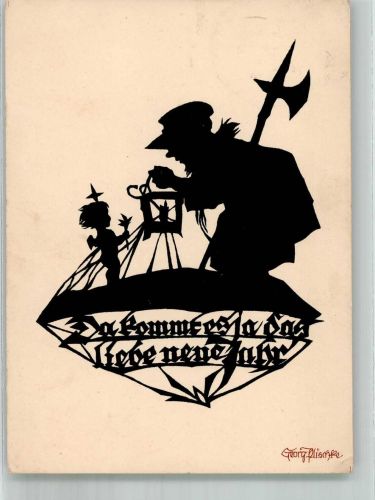 Scherenschnitt Da kommt es ja das liebe Neujahr Nachtwächter Plischke, G. 1930 Künstlerkarte