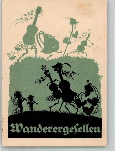 Scherenschnitt Wandergesellen Elfen Streichinstrumente Nr. 139 Plischke, G. 1928 Künstlerkarte