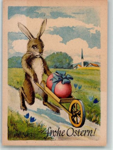 Osterhase schiebt Schubkarre mit Osterei Tiere vermenschlicht Ostern Künstlerkarte