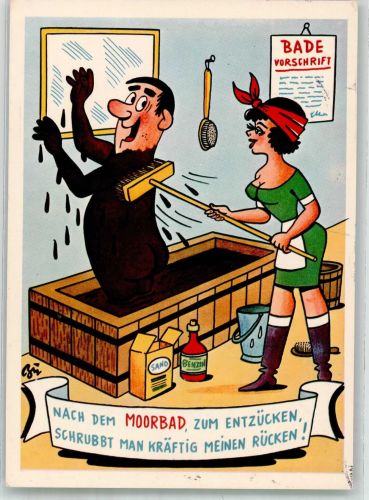W4953 Petershagen , Weser Hübsche Frau schrubbt entzückten Mann den Rücken Humor Moorbad Sonderstempel