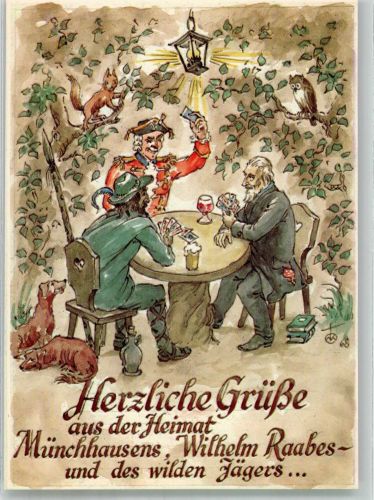 W3450 Holzminden Kartenspiel mit Münchhausen Wilhelm Raabe und dem wilden Jägers Kartenspiel Künstlerkarte