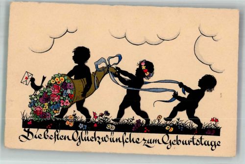 Scherenschnitt Kinder mit einem Füllhorn voller Blumen Geburtstag Künstlerkarte