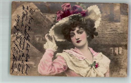 Portrait einer eleganten jungen Frau Hutmode 1904 Künstlerkarte