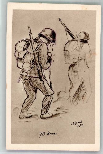 Schweizer Soldaten schwitzen beim 70 KM Marsch Militär Karikatur 1924 Künstlerkarte