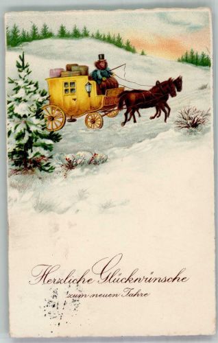 Neujahr Zweispännige Kutsche in Winterlandschaft Postkutsche 1934 Künstlerkarte