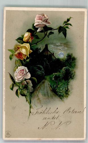 Rosen umrahmen einsames Haus im silbernen Mondschein Serie XI Winkler & Schorn 1900 Lithographie / Mondschein