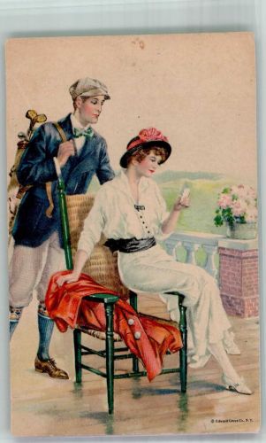 Mann mit Golfschlägertasche hinter einer eleganten Frau im weißen Kleid Golf Künstlerkarte