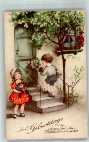 Zwei Kinder gratulieren mit Blumen und Geschenk HWB Alabaster-Serie 4918 Geburtstag 1935 Künstlerkarte