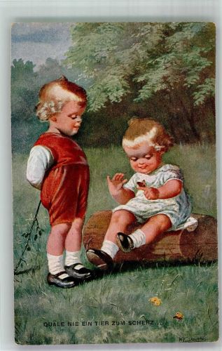 Zwei klien Kinder spielen mit Schmetterling Fialkowska, W. Künstlerkarte