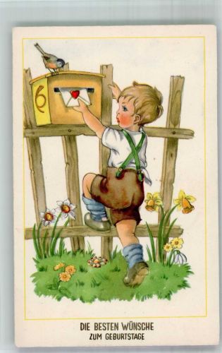 sign. Distling, Fabig Kleiner Junge wirft die Post zum Geburtstag ein HACO Nr. 7966 Briefkasten Künstlerkarte