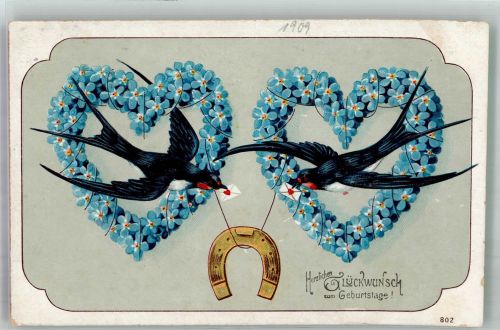Schwalben vor Herzen aus Vergissmeinnicht mit Hufeisen Geburtstag 1909 Prägedruck