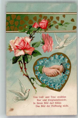 Männer- und Frauenhand in einem mit Vergissmeinnicht geschmückten Herzen Tauben Poesie / Liebe Rose 1908 Künstlerkarte