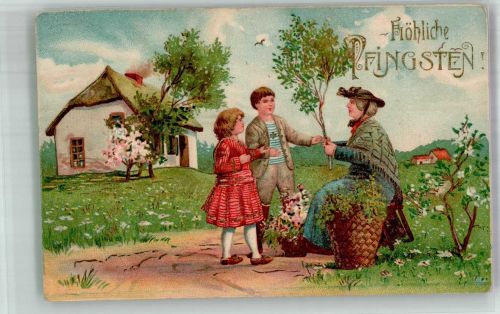 Blumenverkäuferin auf grüner Wiese mit Birkenzweig für zwei Kinder Pfingsten Prägedruck