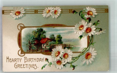 Blumen umrahmtes Bauernhaus in Sommerlandschaft Jugendstil Golddruck Geburtstag Prägedruck