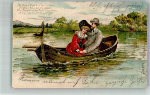 Ein verliebtes Paar in einem Boot Poesie / Liebe Ruderboot 1905 Prägedruck