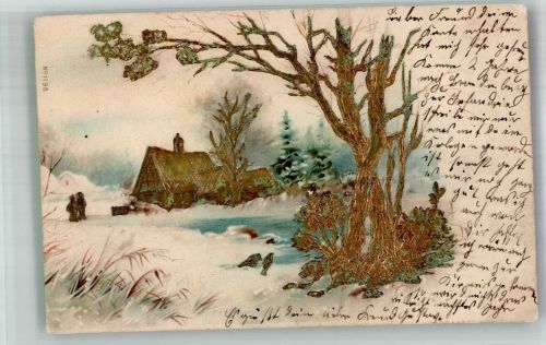 Einsames Haus in Winterlandschaft Golddruck Bauernhaus 1903 Prägedruck