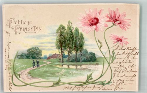 Wanderer in Sommerlandschaft von Blumen umrahmt Pfingsten 1904 Prägedruck