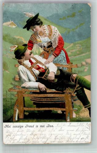 Verliebtes Paar in Tracht Poesie / Liebe Golddruck Trachten Bayern 1905 Prägedruck
