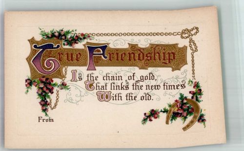 True Friendship Freundschaft Heidekraut Hufeisen Gold auf AK Prägedruck