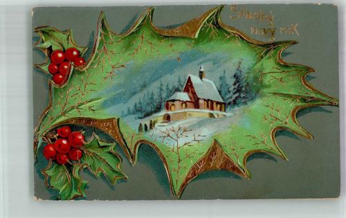 Einsame Kirche in Winterlandschaft in Stechpalmenblatt Golddruck Weihnachten Prägedruck