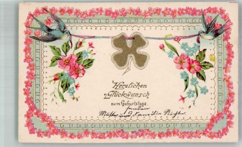 Glücksklee Schwalben Vergissmeinnicht Golddruck Geburtstag 1907 Prägedruck