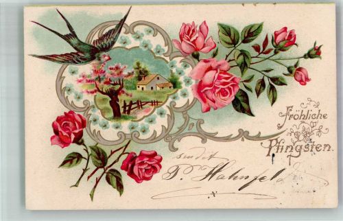 Schwalbe über einer Frühlingslandschaft Rosen Jugendstil Pfingsten 1902 Prägedruck
