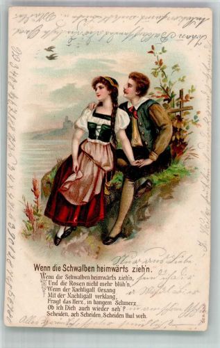 Junges Liebespaar in Tracht blickt den Vögeln heinterher Poesie / Liebe Schwalbe Prägedruck