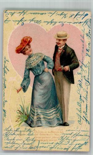 Verliebtes elegantes Paar vor großem Herz Poesie / Liebe Hutmode Prägedruck