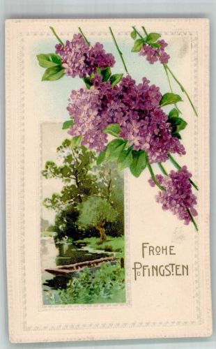 Violetter Flieder über Gewässer in Sommerlandschaft Pfingsten 1911 Prägedruck