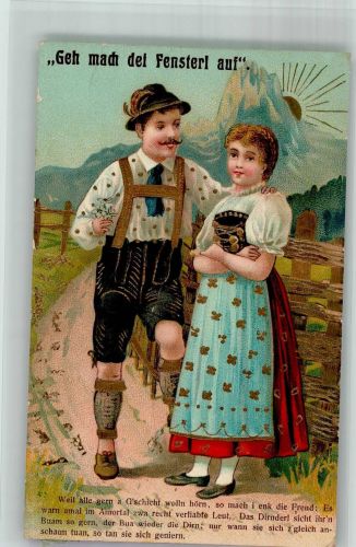 Verliebtes Paar in Tracht vor der goldenen Sonne ASB 214 Trachten Bayern 1911 Prägedruck