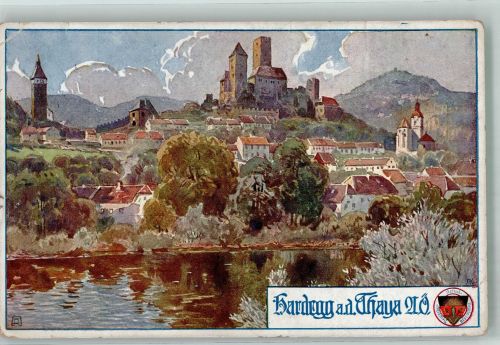 Hardegg Panorama des Ortes mit Burg Hardegg Künstlerkarte Deutscher Schulverein Nr. 704 Schulverein 1922 Gebrauchsspuren