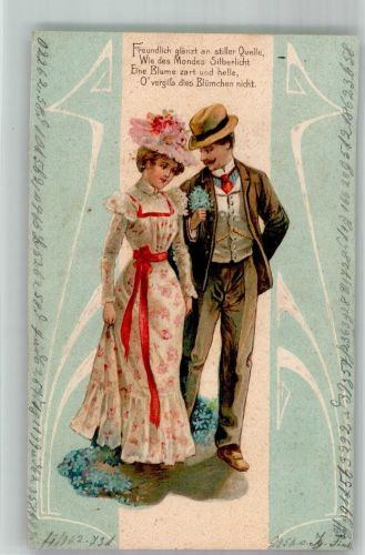Junger Mann mit Vergissmeinnicht für seine Liebste Poesie / Liebe Jugendstil Prägedruck