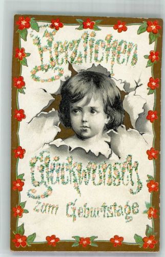 Portrait eines Kindes im Blumenrahmen Geburtstag 1910 Prägedruck