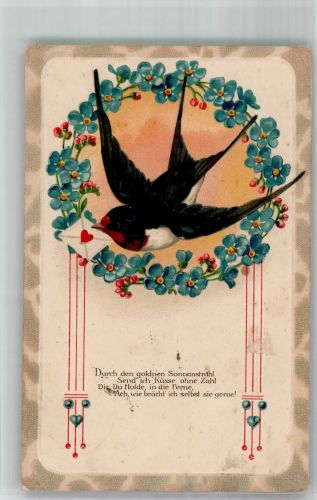 Vogel mit Liebesbrief in Kranz aus Vergissmeinnicht Jugendstil PFB Serie 8899 Schwalbe 1919 Prägedruck