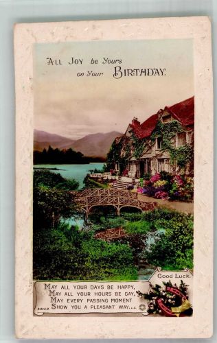 Brücke vor einem englischen Landhaus in Sommerlandschaft Geburtstag Prägedruck