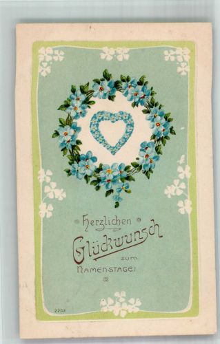Herz aus Vergissmeinnicht Glücksklee Jugendstil Namenstag 1909 Prägedruck